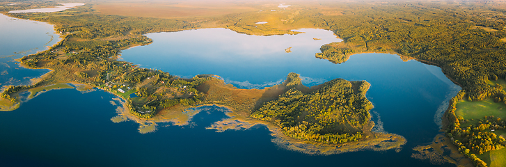 Image showing Braslaw District, Vitebsk Voblast, Belarus. Aerial View Of Lakes, Green Forest Landscape. Top View Of Beautiful European Nature From High Attitude. Bird\'s Eye View. Famous Lakes. Panorama