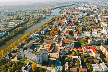 Image showing Pinsk, Brest Region, Belarus. Pinsk Cityscape Skyline In Autumn Morning. Bird\'s-eye View Of Residential Districts And Downtown