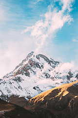 Image showing Georgia. Peak Of Mount Kazbek Covered With Snow. Kazbek Is A Stratovolcano And One Of Major Mountains Of Caucasus. Beautiful Georgian Nature Landscape In Early Winter.