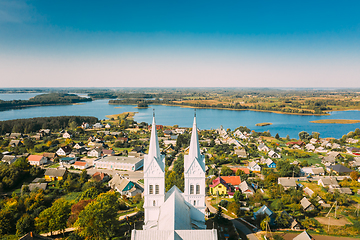 Image showing Slobodka, Braslaw District, Vitebsk Voblast, Belarus. Aerial View Of Slobodka Village. Church of Divine Providence