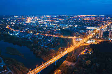 Image showing Grodno, Belarus. Night Aerial Bird\'s-eye View Of Hrodna Cityscape Skyline. Residential District