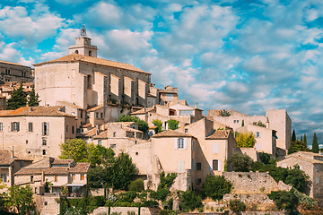 Image showing Gordes, Provence, France. Beautiful Scenic View Of Medieval Hilltop Village Of Gordes. Sunny Summer Sky. Famous Landmark.