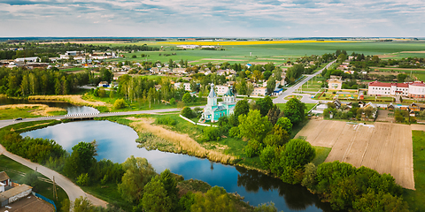 Image showing Krupets, Dobrush District, Gomel Region, Belarus. Aerial View Of Old Wooden Orthodox Church Of The Holy Trinity At Sunny Summer Day