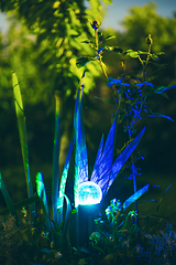 Image showing Night View Of Flowerbed Illuminated By Energy-Saving Solar Powered Colorful Multi-colored Lantern On Yard. Beautiful Small Garden With Blue Light, Lamp In Flower Bed. Garden Design