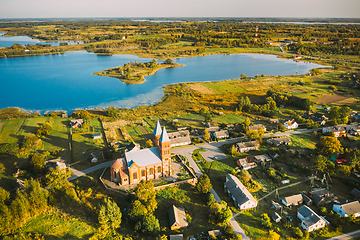 Image showing Ikazn, Braslaw District, Vitebsk Voblast, Belarus. Aerial View Of Church of the Body of God