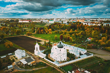 Image showing Mahiliou, Belarus. Mogilev Cityscape With Famous Landmark St. Nicholas Monastery. Aerial View Of Skyline In Autumn Day. Bird\'s-eye View