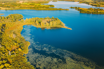 Image showing Braslaw District, Vitebsk Voblast, Belarus. Aerial View Of Ikazn Lake, Green Forest Landscape. Top View Of Beautiful European Nature From High Attitude. Bird\'s Eye View. Famous Lakes