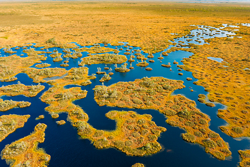 Image showing Miory District, Vitebsk Region, Belarus. The Yelnya Swamp. Upland And Transitional Bogs With Numerous Lakes. Elevated Aerial View Of Yelnya Nature Reserve Landscape. Famous Natural Landmark