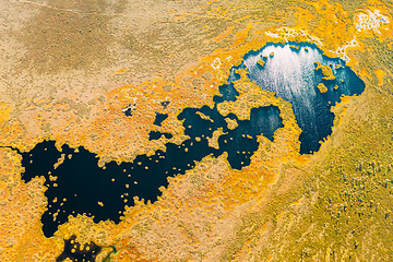 Image showing Miory District, Vitebsk Region, Belarus. The Yelnya Swamp. Upland And Transitional Bogs With Numerous Lakes. Elevated Aerial View Of Yelnya Nature Reserve Landscape. Famous Natural Landmark