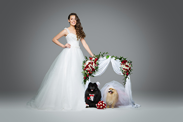 Image showing bride girl with dog wedding couple under flower arch