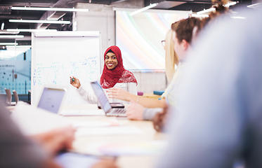 Image showing Muslim businesswoman giving presentations at office