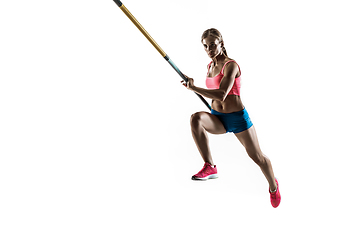 Image showing Female pole vaulter training on white studio background