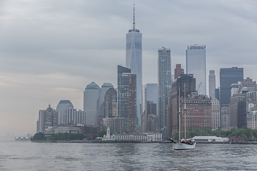 Image showing Panoramic view of storm over Lower Manhattan from Ellis Island at dusk, New York City.