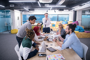 Image showing multiethnic business team learning about drone technology