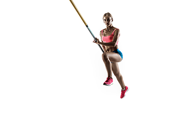 Image showing Female pole vaulter training on white studio background