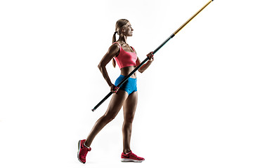 Image showing Female pole vaulter training on white studio background