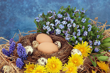 Image showing Spring Season Composition with Fresh Eggs and Flowers