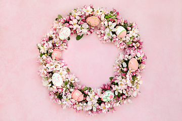 Image showing Easter Wreath with Apple Blossom and Decorated Eggs  