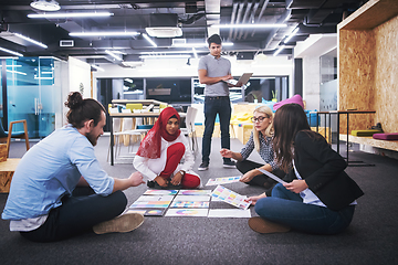 Image showing black muslim woman having meeting with Multiethnic  startup busi