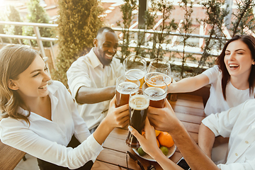 Image showing Young group of friends drinking beer and celebrating together