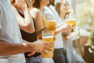 Image showing Young group of friends drinking beer and celebrating together