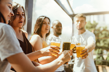 Image showing Young group of friends drinking beer and celebrating together