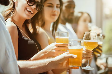 Image showing Young group of friends drinking beer and celebrating together