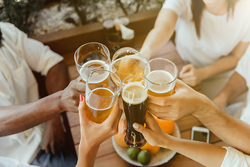 Image showing Young group of friends drinking beer and celebrating together