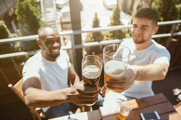 Image showing Young group of friends drinking beer and celebrating together