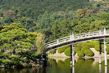 Image showing Ritsurin Garden and wooden bridge