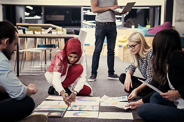 Image showing black muslim woman having meeting with Multiethnic  startup busi