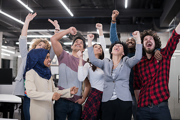 Image showing portrait of young excited multiethnics business team