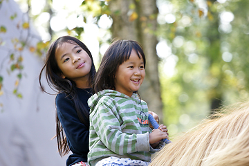 Image showing Two girls with horse