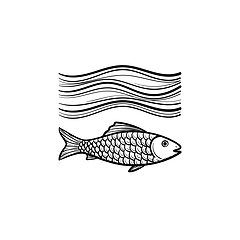 Image showing Fish under sea wave hand drawn sketch icon.