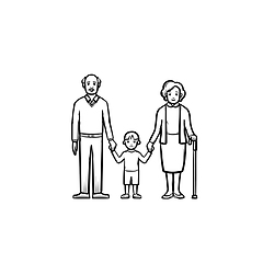 Image showing Grandparents and grandson hand drawn sketch icon.