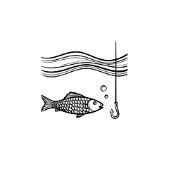 Image showing Fish with hook hand drawn sketch icon.