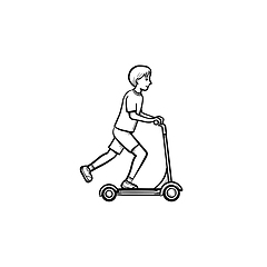 Image showing Boy riding a kick scooter hand drawn sketch icon.