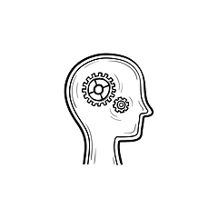 Image showing Brain with gears hand drawn sketch icon.