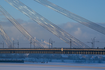 Image showing Suspension bridge in winter season, Riga.