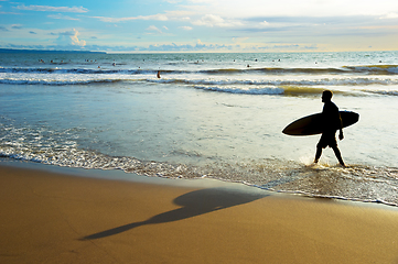 Image showing Surfer walk out ocean silhouette