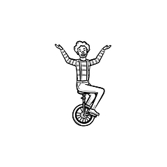 Image showing Clown on one wheel bicycle hand drawn sketch icon.