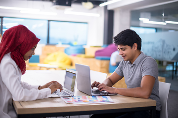 Image showing black muslim business woman having a meeting with her indian mal