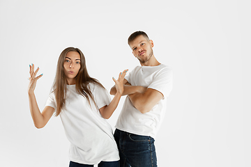 Image showing Portrait of beautiful couple isolated on white studio background