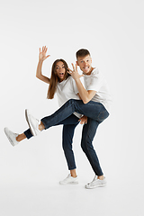 Image showing Portrait of beautiful couple isolated on white studio background