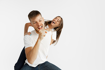 Image showing Portrait of beautiful couple isolated on white studio background