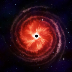 Image showing red spiral galaxy with black hole