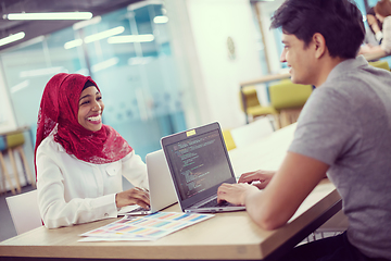 Image showing black muslim business woman having a meeting with her indian mal