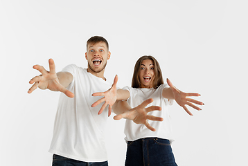 Image showing Portrait of beautiful couple isolated on white studio background