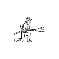 Image showing Fireman spraying water hand drawn sketch icon.