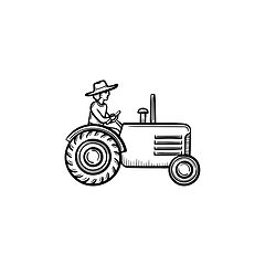 Image showing Man driving tractor hand drawn sketch icon.